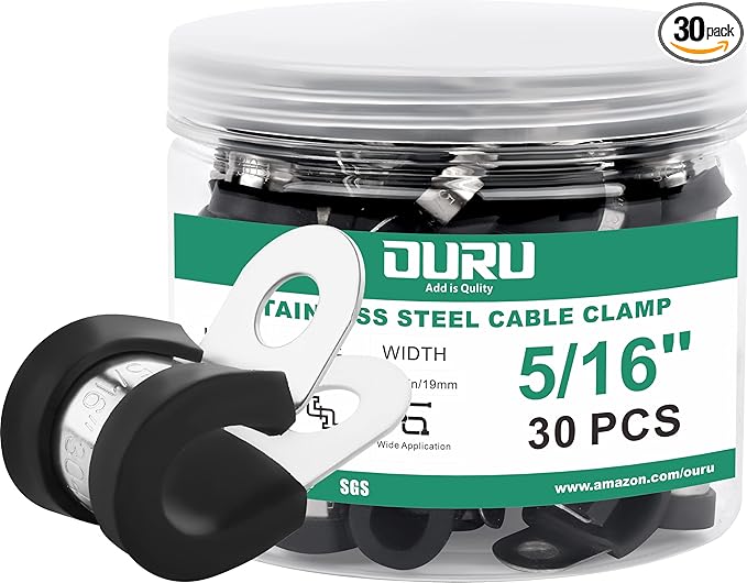 OURU 5/16 Inch Cable Clamps, Rubber Coated Insulated Clamps, 30pcs, 8mm | 304 Stainless Steel, Anti-Vibration, Rust Resistant, Secure Hold, Automotive Wire, Pipe & Tube Mounting, Cable Management