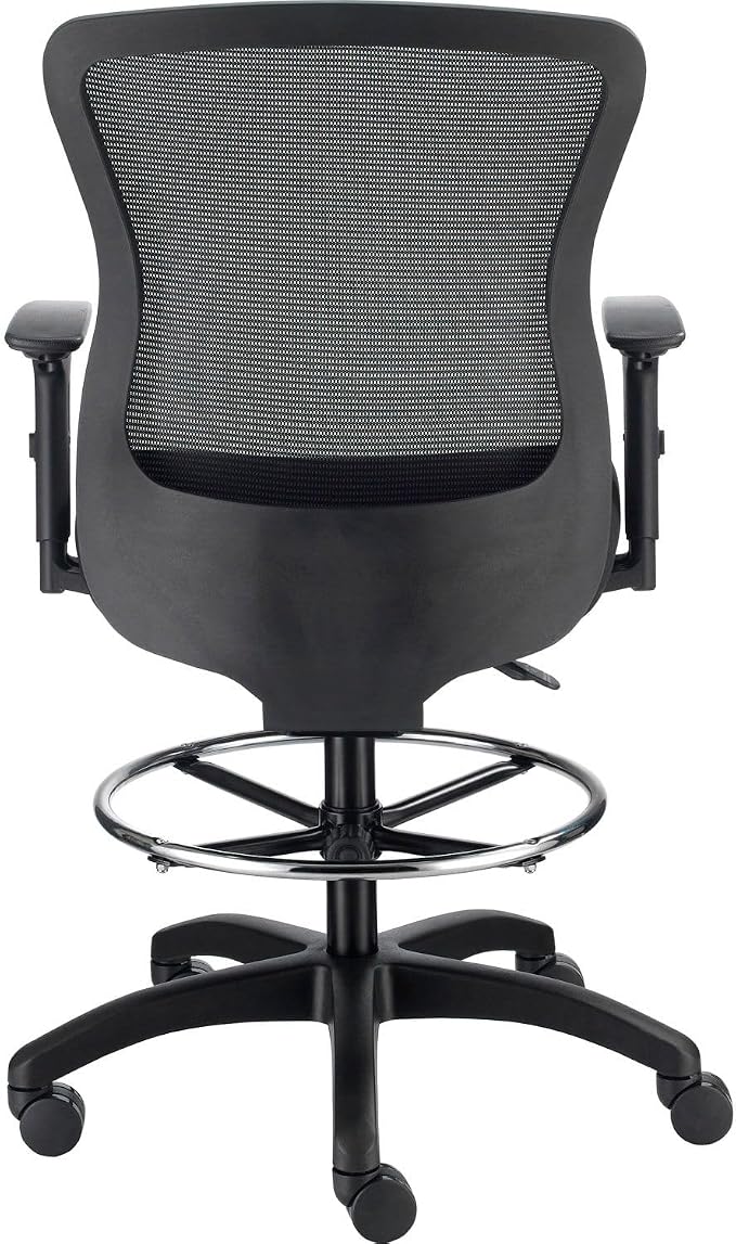 Global Industrial Interion Mesh Back Task Stool with Adjustable Arms, High Back, 3" Thick Fabric Seat, 5-Star Base with Swivel Casters, 350 Lbs Capacity, Black