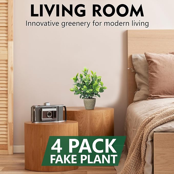 FAVOWREATH 4 Pack Fake Plants Ceramic Mini Artificial Greenery Potted Plants for Home Decor Office Decor Room Decor Farmhouse Decor Indoor Table Bathroom Decor