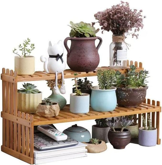 22.8" 2 Tiers Bamboo Plant Stand Shelf,Desk Flower Pot Holder,Adjustable Desktop Shelf Display Organizer Ladder Rack for Office Decorate Desk Shelving Storage Rack,Kitchen Rack (22.8" Length)