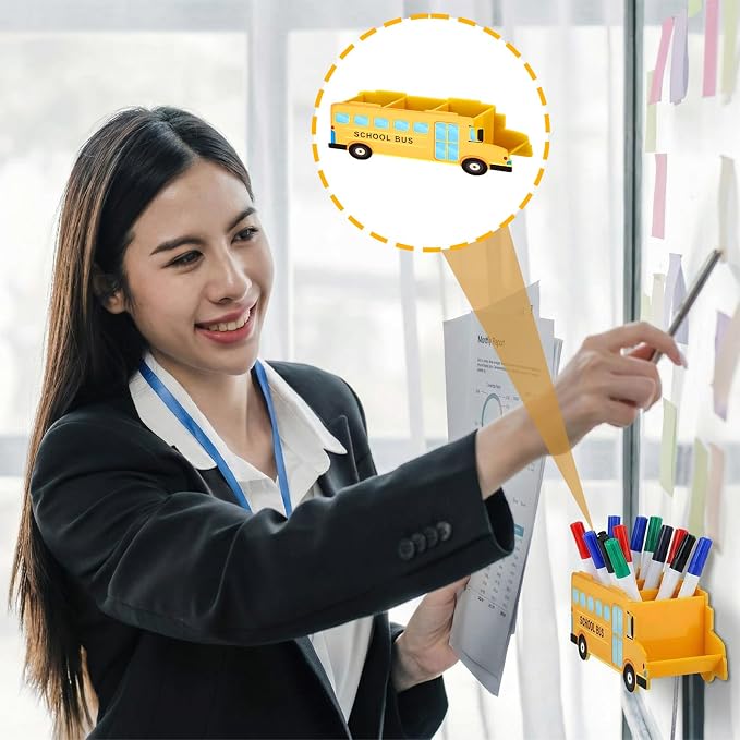 Magnetic Teacher Pencil Holder Gift Personalized Name Pen Holder for Whiteboard Magnetic DIY Teacher Desk Organizer Container Decor for Classroom School Office Supplies(Bus)