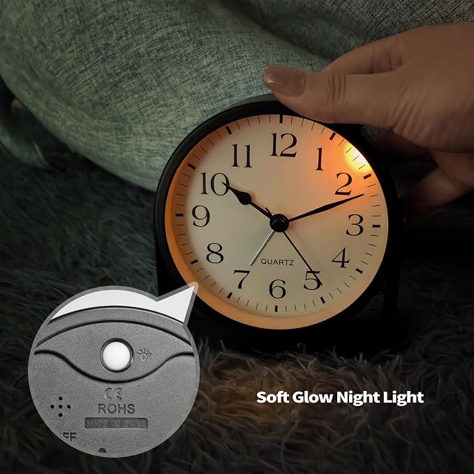 Desk Alarm Clock, Silent Non-Ticking Battery Operated Analog, Black | On-Demand Night Soft Light, 360° Rotatable, Metal Frame, for Bedroom Bedside, Shelf, Mantel, Office Desk, Travel