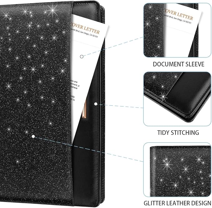 Glitter Padfolio/Resume Portfolio Folder for Women Men, WAVEYU Cute Chic Padfolio Cover Folder, Conference/Legal Document Organizer with Letter/A4 Size Clipboard, Document Sleeve, Black