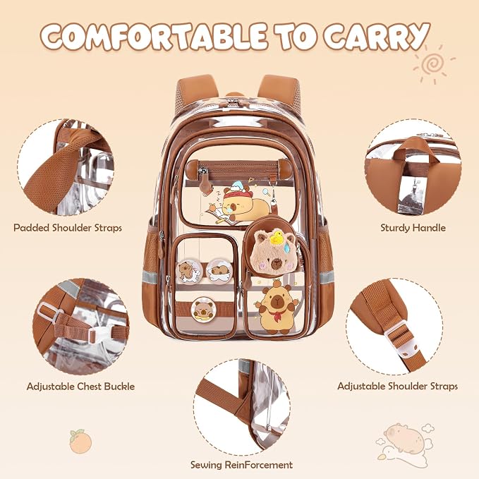 Capybara Theme Clear Backpack, 28Pcs School Supplies Stationery Transparent Backpack Set with Lunch Box Pencil Case Pens Notebooks for Kids Girls Elementary Middle School Stadium Approved