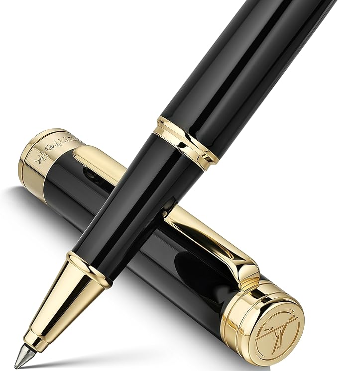 Black Lacquer Rollerball Pen - Stunning Luxury Pen, 24K Gold Plating, Schmidt Refill, Precision Flow Ink, Best Roller Ball Gift Set for Men & Women, Professional, Executive Fancy, Nice Pens