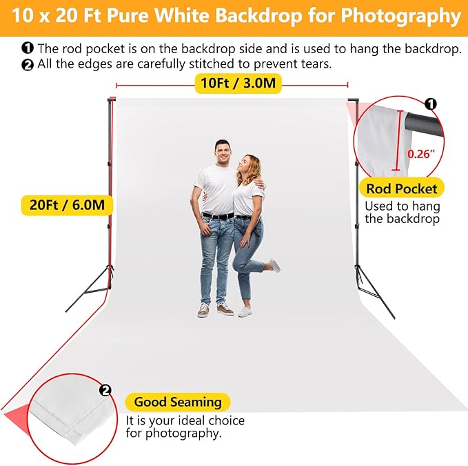 White Backdrop for Photoshoot, 10x20 ft Large Photo Backdrop Curtain for Photography, Seamless Polyester Fabric Background Screen for Party, Video Studio