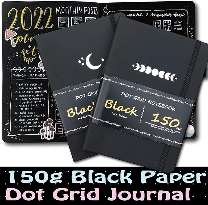 BUKE Dotted Journal - Dot Grid Notebook - 150gsm No Bleed Black Paper - 160 Black Pages - For Women and Men - A5 PU Leather Hardcover 5.75" x 8.5" and Gift Box (BKB-3)