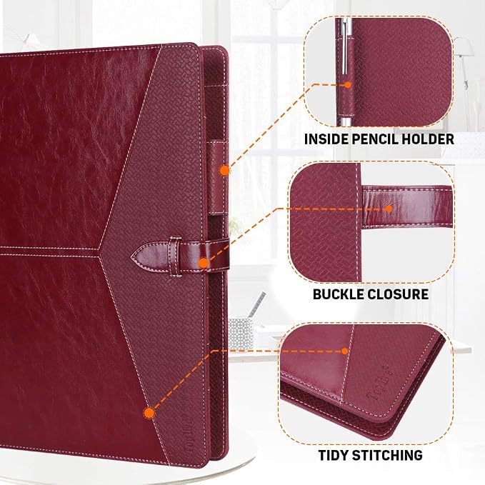 Toplive Padfolio 3 Ring Binder Organizer Business Portfolio Folder for Women, A4/ Letter Size PU Leather Portfolio Padfolio for Interview Conference Presentation, Wine Red