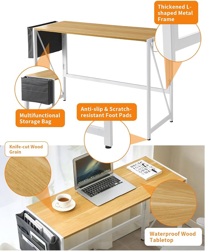 Modern Foldable Desk Writing Computer Desk, Beige, 39.4 inch