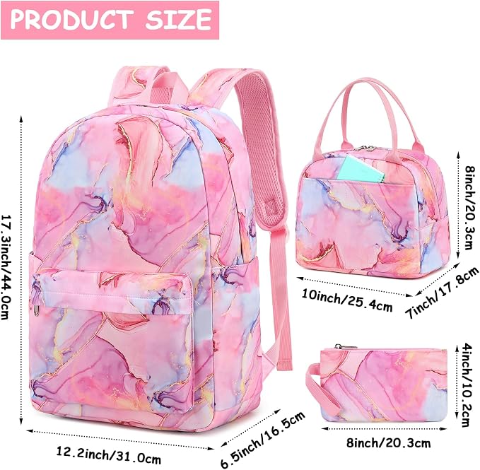Bluboon Teen Girls School Backpack Kids Bookbag Set with Lunch Box Pencil Case Travel Laptop Backpack Casual Daypacks (Marble Pink-Blue)