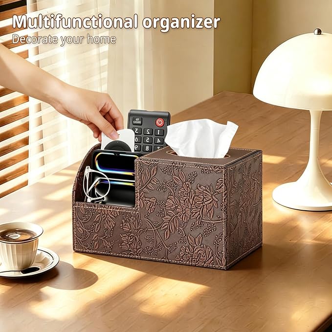 PU Leather Square Tissue Box Cover - Multi-Functional Tissue Box Holder | Tissue Box Cover with Storage ,Tissue and Remote Control Holder, Cube Tissue Box Organizer Bedroom Nightstand End Table