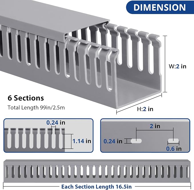 2" H x 2" W Cable Raceway, 99in Under Desk Wire Management Channel, Grey | Slotted Wire Duct, 6Pack, 16.5in Each, Heavy-Duty PVC Cable Management for Server Racks, Network Cables & Electrical Cabinets