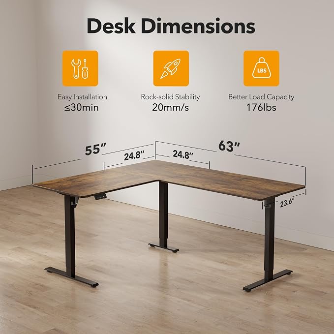 CubiCubi L Shaped Standing Desk 63 x 55 Inch Adjustable Height, Electric Corner Desk, Sit Stand Home Office Desk with Splice Board, Rustic Brown