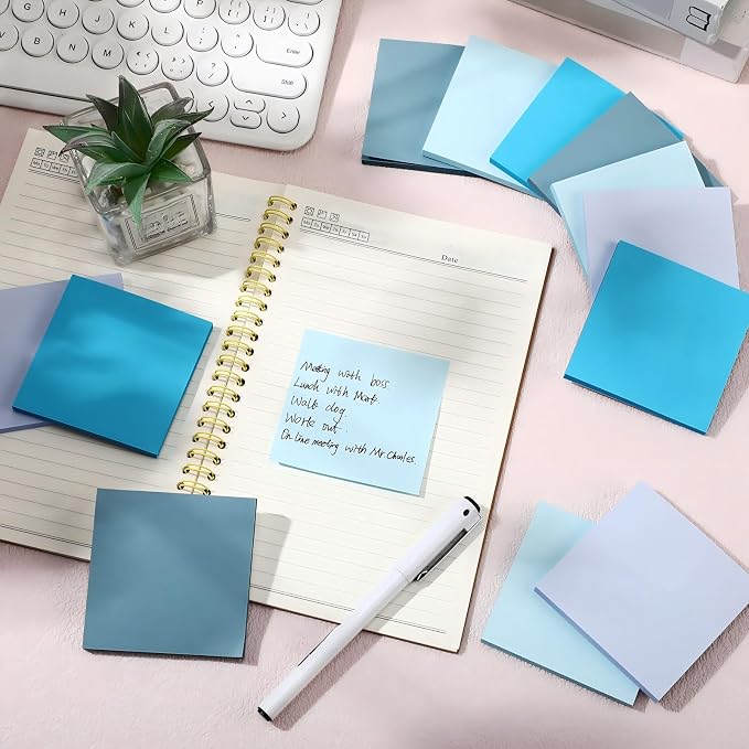 Thenshop 12 Pads Blue Sticky Notes 3''x3'', Self Stick Notes Pads Blue Office Supplies, Vintage Aesthetic School Accessories 50 Sheets/pad