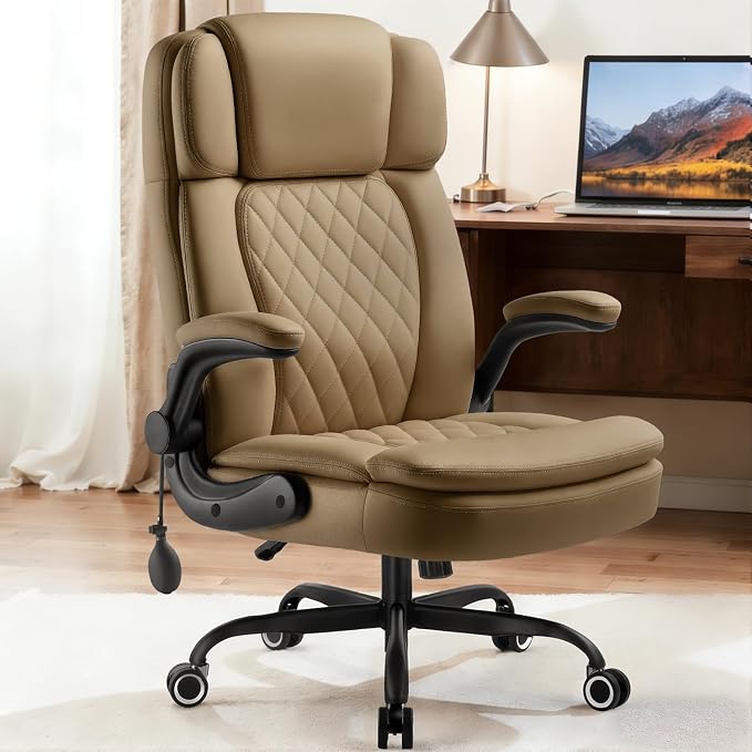 450 LBS Big and Tall Executive Office Chair with Flip up Arm, Heavy Duty Leather Computer Desk Chair,Comfortable High Back Swivel Home Office Chair with Rolling for Adults (Yellow)