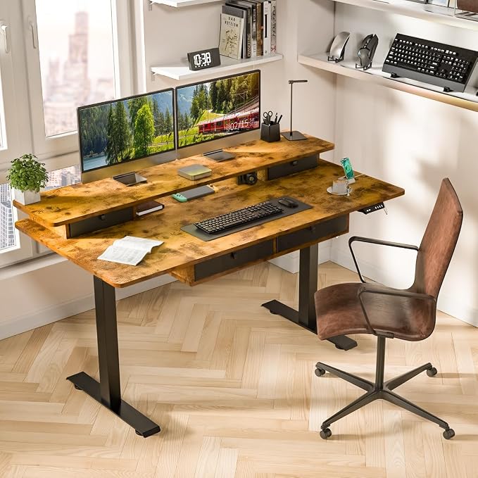 Kingant Electric Standing Desk with 4 Drawers,USB Charging Ports 63"x 30" | Ergonomic Height Adjustable Large Workstation, Heavy-Duty Sit Stand Up Desk For Home Office Daily Work,Rustic Brown