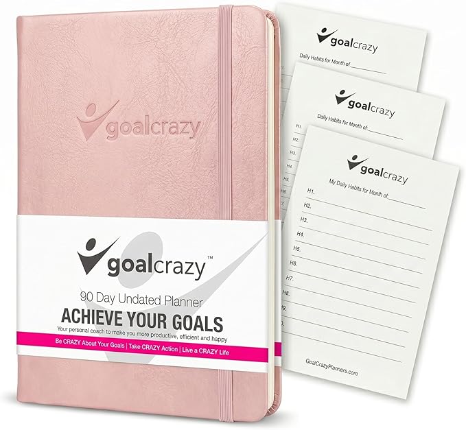 Goal Crazy Undated Daily Planner to Achieve Your Goals - 90 Day Guided Journal & Productivity Organizer with Goal Setting, Habit Tracker, To Do List, Academic & Work Calendar, Leather Hardcover - Rose Gold