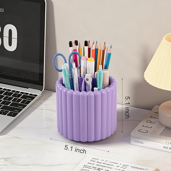 360° Rotating Pen Holder for Desk Removable Pencil Organizer, Purple | 7 Slots Pen Cup Cute Office Supplies and Accessories Plastic Desktop Storage Box Art Caddy for School, Work, Home