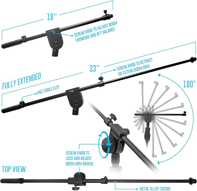 AxcessAbles Weighted Mic Stand Floor with Heavy Round Base, Quick Grip Height Adjustment - 74" Microphone Stand Include 33" Detachable Mic Boom Arm. Tall Microphone Stand for Singing (MS-201RB)