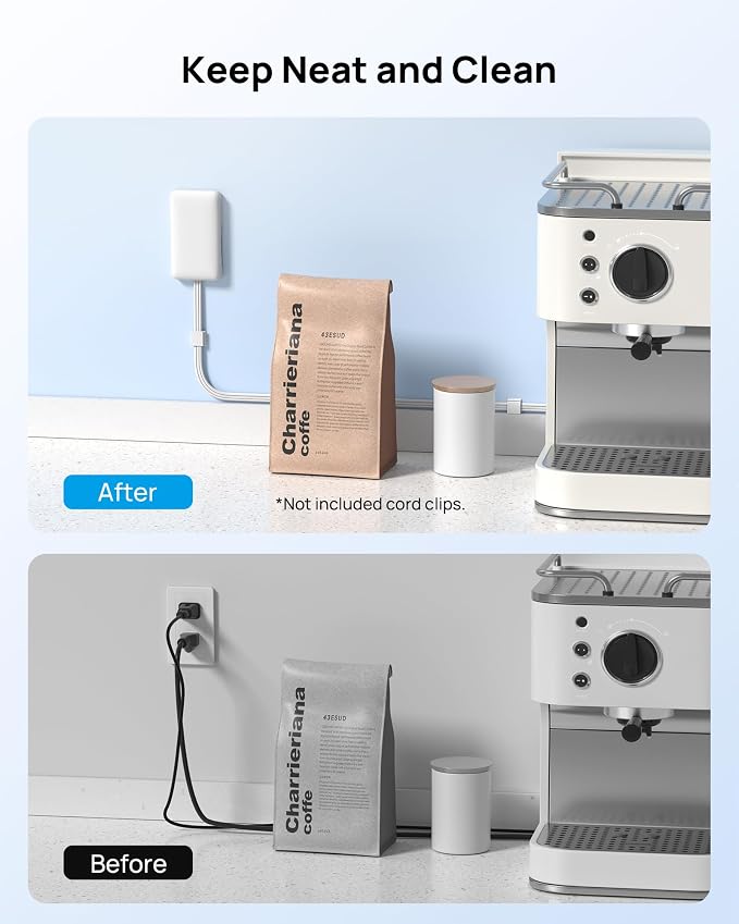 TROND 3FT Flat Extension Cord with Ultra-Thin Outlet Cover, Flat Wall Plug Power Strip with 4 AC 4 USB Ports, Hidden Outlet Extender for Tight Spaces, 10A/1250W, 900J Surge Protection, White