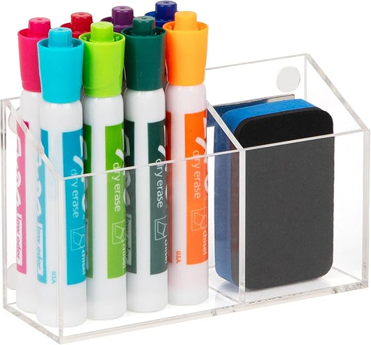 Mind Reader Clear Dry Erase Marker and Eraser Holder, Acrylic Magnetic Whiteboard Organizer, 2-Compartment, Desktop or Wall Mount, Clear