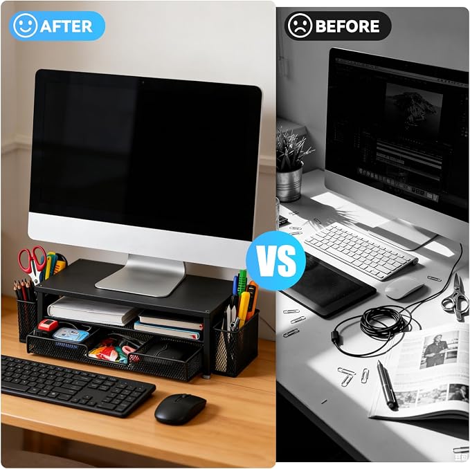 2-Tier Monitor Stand with Drawer, Laptop Stand with Storage for Desk, Heavy Duty Iron Computer Stand Riser & Desk Organizer with Drawers, Home Office Mesh Shelf for Monitor up to 32 Inch (Black)