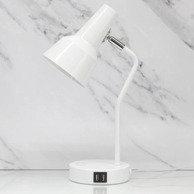 Simple Designs LD1072-WHT 15.2" Sleek Essentials Metal Cone Shade Desk Lamp with Adjustable Shade and Dual USB Ports, for Office, Desk, Nightstand, Dorm, White