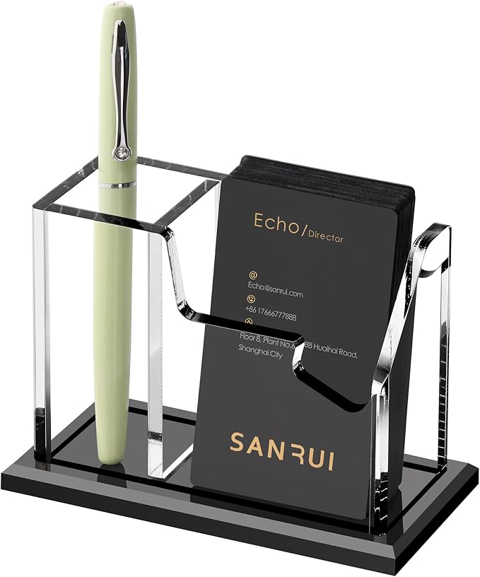 SANRUI Acrylic Business Card Holder with Pen Holder, 2-Slot Vertical | 8mm thick stable base, desktop card organizer for office reception & trade shows, holds cards & stationery, space-saving