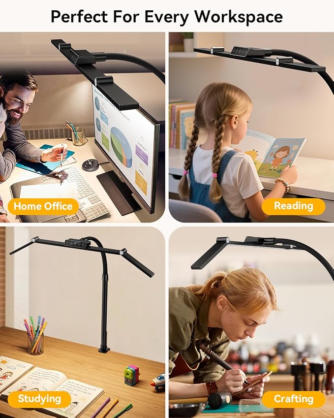 LED Desk Lamp with Clamp, 24W 3-Panel Light for Dual Monitors | 1800 Lumens, 96 LED, 3 Adjustable Panels, 360° Gooseneck, 2700K-6500K Color Temps, Remote, Touch Control, Memory Function