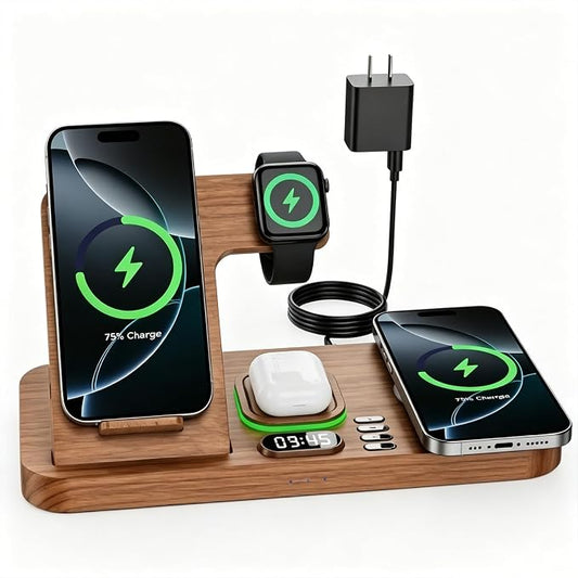 Dual Phone Wireless Charging Station for Apple Devices, Magnetic Charging Station for iPhone with Auto Switch 7-Color Light&Clock, Family Watch Charger for iPhone17 for iWatch11 for AirPods Pro3(Wood)