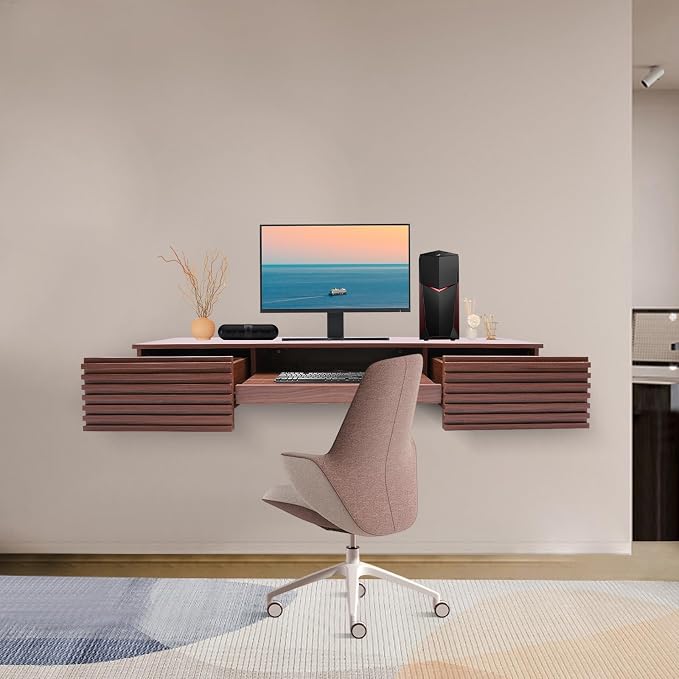 Wall Mounted Desk, Multifunctional Laptop Computer Table Writing Workstation Wall Organizer with Pull Out Drawer, 120lbs Capacity Floating Laptop Desk Wall Mounted Table for Home Office Kitchen