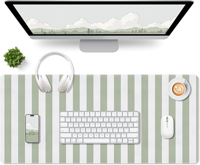 Striped Desk Mat Cute XXL Large Mouse Pad PU Leather Green Striped Desk Pad with Non-Slip Rubber Base, Home Office Decor Keyboard Pad Mouse Mat for Computer Laptop