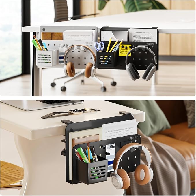 PEGZONE Desk Side Storage Organizer, Fits Flat Edge 0.4" to 2.2", Black | No Drill Under Desk Laptop Holder, Clamp on Desks Shelf with Pegboard Accessories, Hanging Laptop Mount