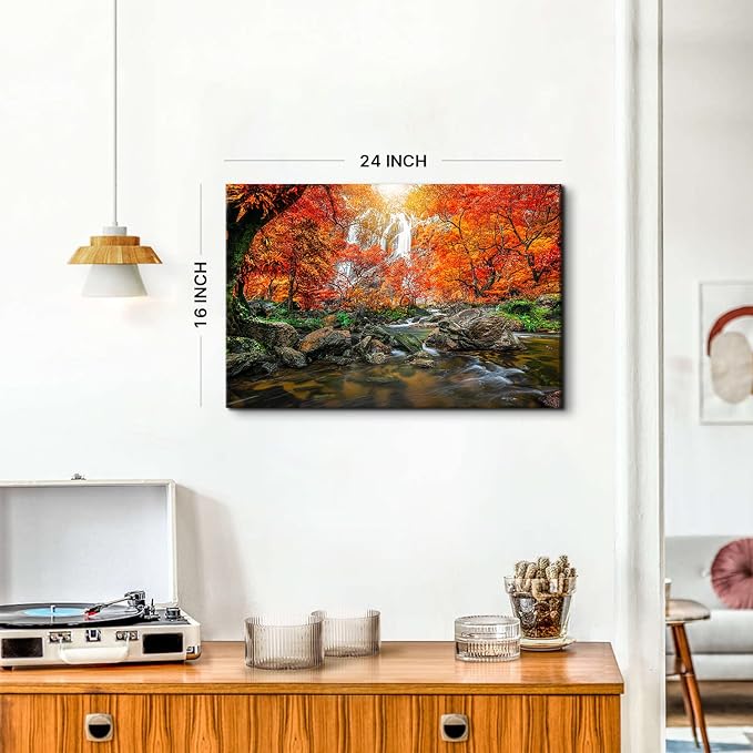 Nature Mountain Waterfall Canvas Wall Art Modern Scenic Framed Artwork Home Decor 16x24” Tropical Forest Scenery Orange Sunset River Landscape Picture for Living Room Bedroom Kitchen Office Decoration