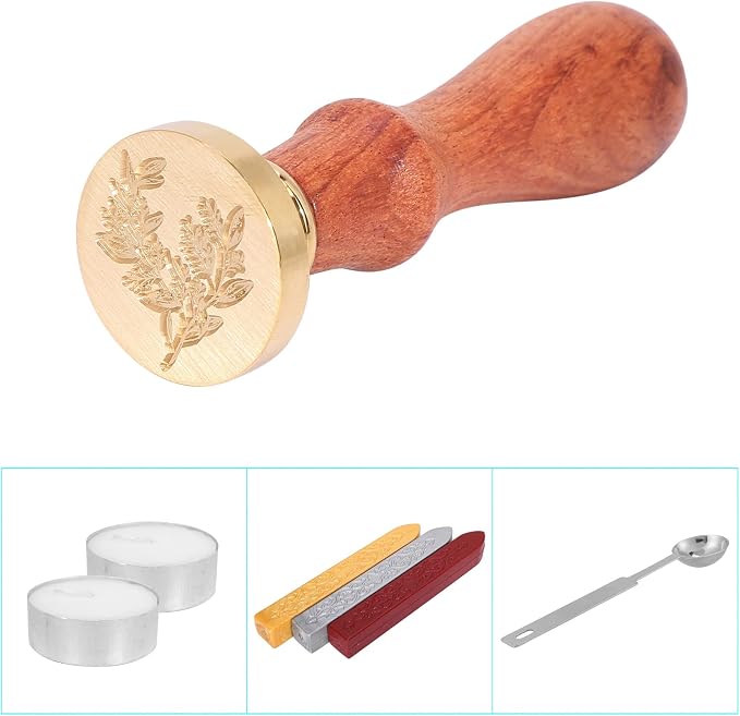 Yoption Wax Seal Stamp Kit, Eucalyptus Sealing Stamp with Gold Red Silver Sealing Wax Sticks Gift Box Set for Invitations, Cards, Letters, Gift Idea