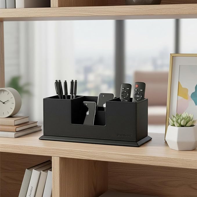 UnionBasic Desk Organizer, Caddy Leather Multi-compartment Pen Holder, Gray | Desktop Dual Pen Holder, Office Supplies Holder