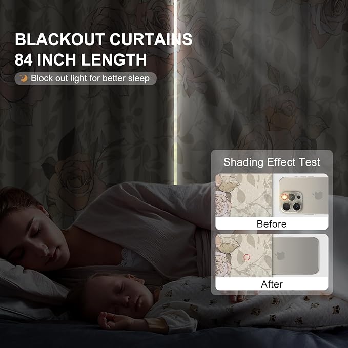 Floral Blackout Curtains for Bedroom and Living Room, Beige Roses Room Darkening Black Out Curtains 84 Inch Long 2 Panels Set, Farmhouse Light Filtering Soundproof Thermal Curtains with Rope Tiebacks