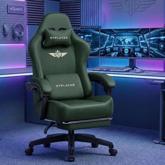 GTPLAYER Big and Tall Gaming Chair 400lbs Heavy Duty Office Chair with Footrest, High Back Pocket Spring Ergonomic Computer Chair for Adults, Wide Seated Cushion with Linkage Armrests, Leather Green