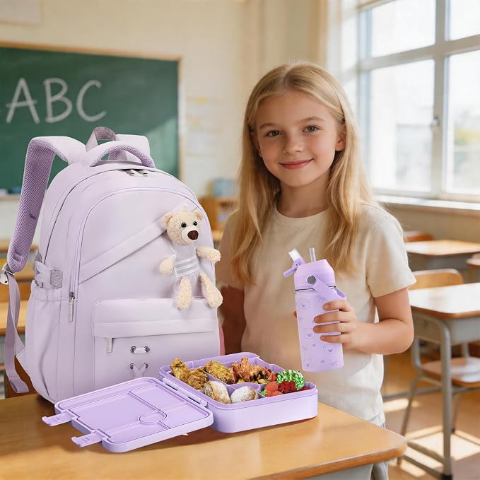 ACESAK Girls Backpack for School Set - 5 PCS Cute Girls Backpack with Lunch Box, Pencil Case, Bento Box & Insulated Water Bottle - Kawaii Casual Kids Bookbag Set Back to School Supplies (Purple)