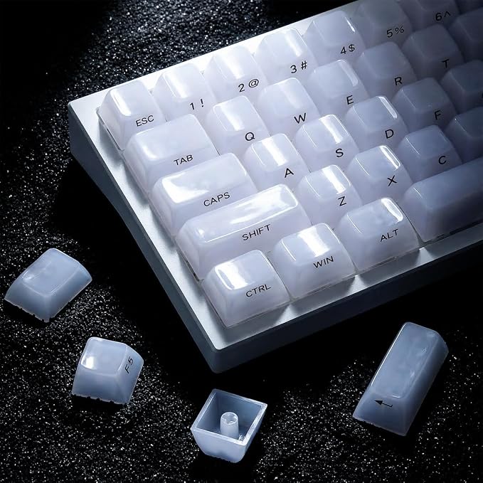 White Jelly Keycaps - Ceramic Style, Clear Translucent Crystal Keyccaps | Tsungup 119 Keys Side Print Custom Key Caps Keyboard Keycap Set for 60%,65%,75%,100% Mechanical Keyboards(MDA Profile)