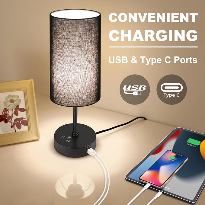Unicozin Table Lamp for Bedroom, 3 Color Temperatures, 7 RGB Colors, Adjustable Brightness, Dual USB Charging Ports, Ambience Nightstand Light with Black Shade, Desk Lamp for Kids Reading Home Office