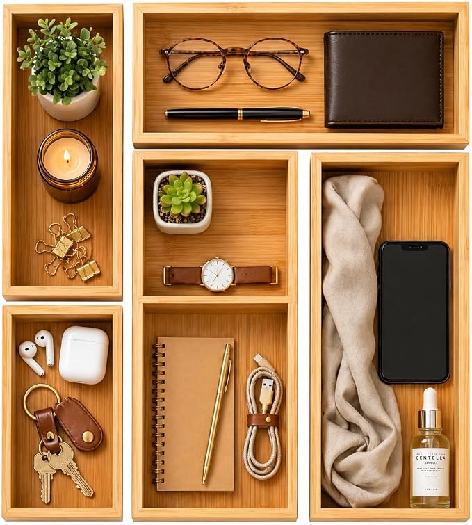ABABIL Bamboo Drawer Organizer Set of 5, Wooden Storage Tray Inserts for Kitchen, Bathroom, Office, Makeup, Jewelry, Utensils, Desk Accessories and Vanity Drawers, Brown