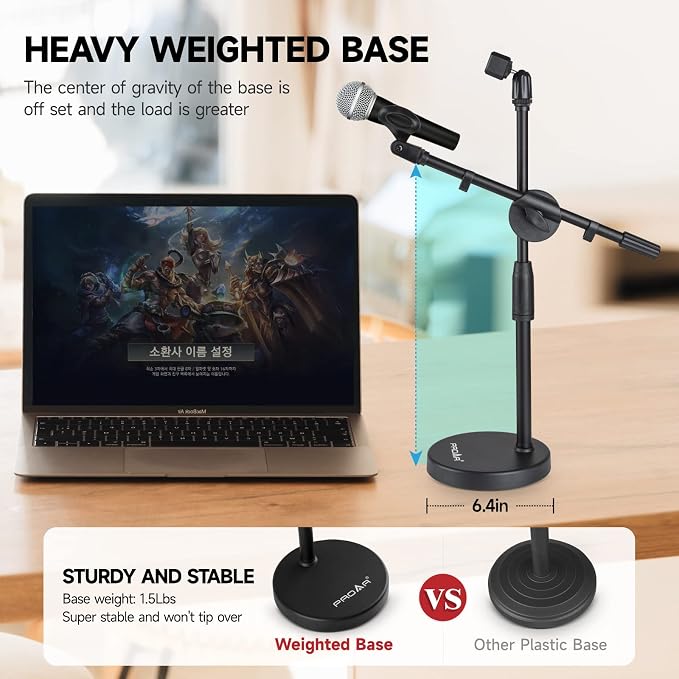 Microphone Stand Desk Adjustable Desktop Microphone Stand with Boom Arm Upgraded 3 in 1 Table Phone/Mic Stand with Microphone Clip,Cell Phone Clip,3/8" to 5/8" Adapter for Universail Mic