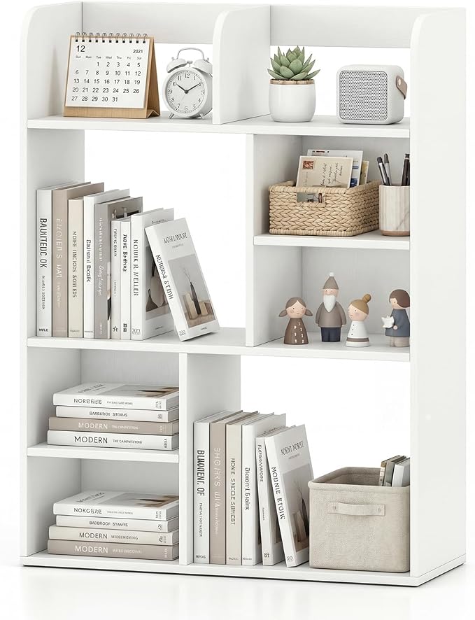Tangkula Desktop Bookshelf, 5-Tier Desktop Display Rack with 4 Open Shelves & 4 Cubes, Modern Tabletop Bookcase Organizer for Computer Desk, Countertop Storage Hutch for Home Office Dorm (White)