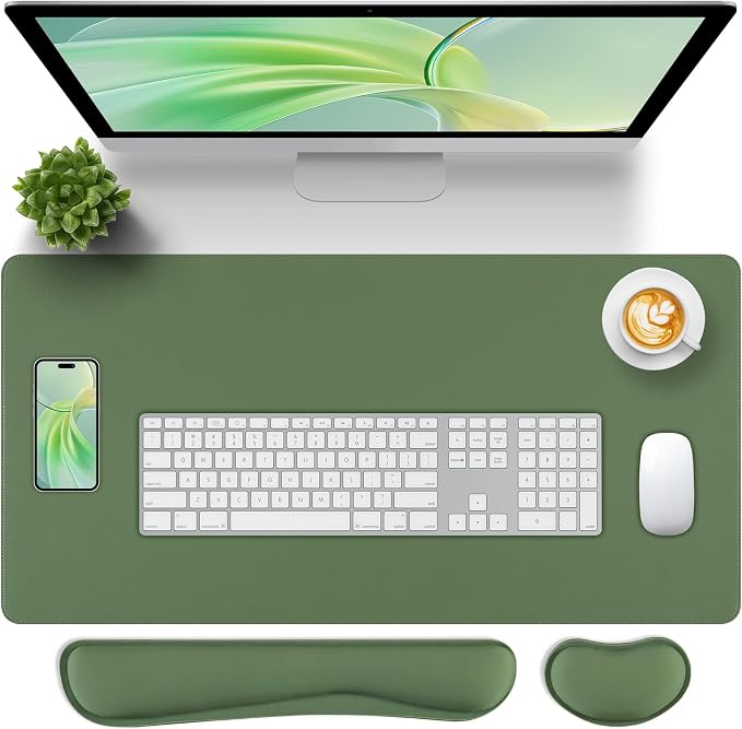 Green Leather Desk Pad and Keyboard Wrist Rest, 27.6"x13.8" | 3in1 Mouse pad + Keyboard Wrist Rest + Mouse Wrist Rest, Non-Slip Waterproof Desk Writing Pad for Office and Home