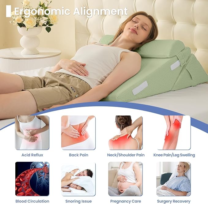 Sasttie Adjustable Wedge Pillow Set for After Surgery, Sage | Bed Wedge Pillow Headboard with Memory Foam Neck Cushion, for Acid Reflux, Sleeping, Neck & Back Support