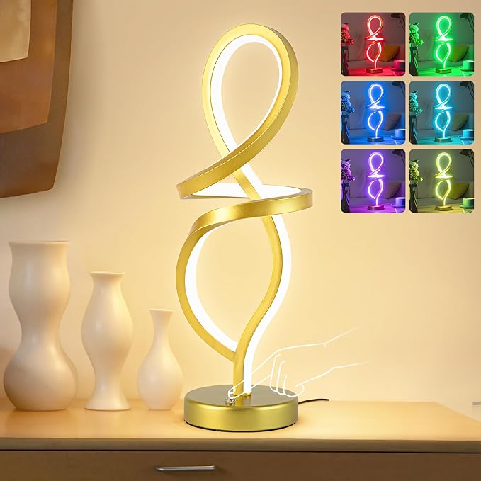 Mayful Modern RGB Table Lamp with 15W LED Unique Spiral Design, Gold Small Nightstand Lamp & Bedside Lamps, Touch Dimmable with 7 Colors & 10 Modes for Bedroom, Living Room, Home Office