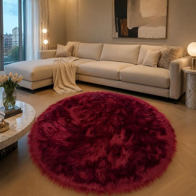 EasyJoy Faux Sheepskin Rug, Fluffy Faux Fur Rug, Ultra Soft Shag Area Rug with Non-Slip Backing for Bedroom, Living Room, Nursery, Kids Room(4 x 4 ft Round, Burgundy)