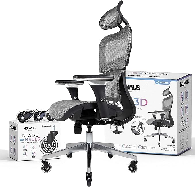 Nouhaus Ergo3D Ergonomic Office Chair Grey | Dynamic Lumbar Support, Mesh High Back, 4D Armrests, Adjustable Headrest, Aluminum Base, BIFMA, SGS, 2 Sets of Wheels
