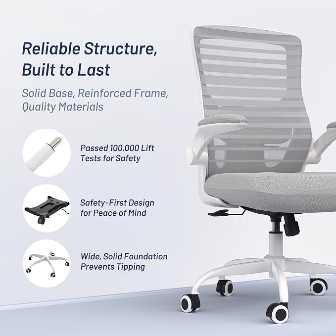 Office Chair for Long Hours & Back Pain Relief – 4" Molded Foam Cushion, Padded Lumbar Support, and Padded Flip-up Armrests, Ideal for Office or Study, Light Gray